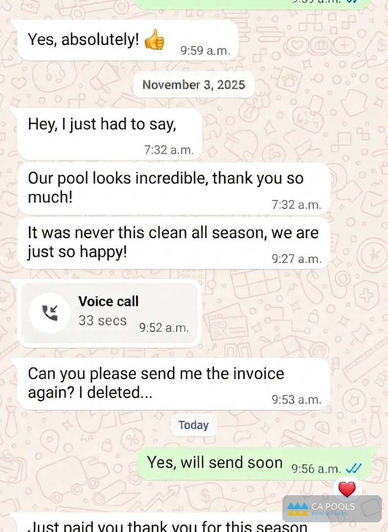 Screenshot of a thank-you WhatsApp message from a pool client